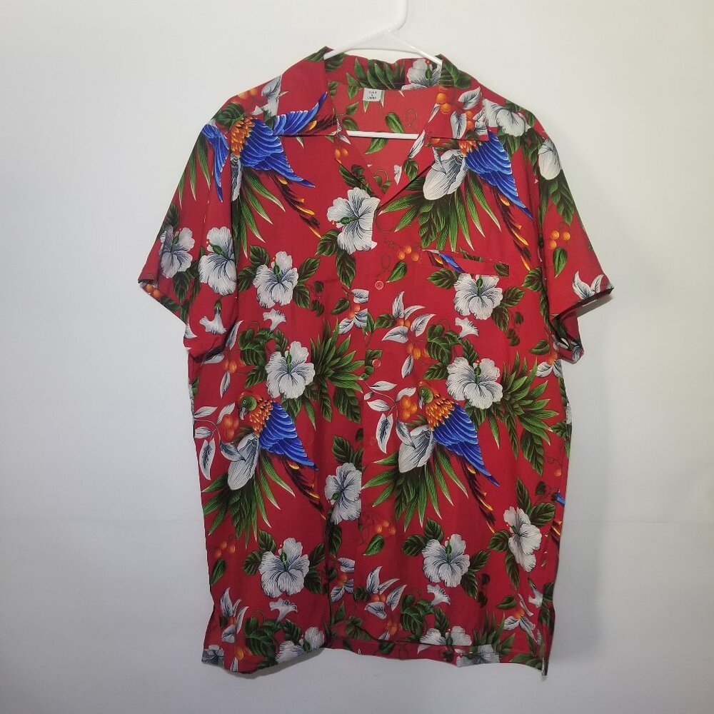 VHO Men L Red Hawaiian Tropical Floral Short Sleeve Button Up Parrott Bird Shirt